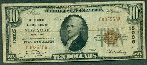 $10.00 NBN、エルムハースト NB、ニューヨーク、NY、1929、Fr. #1801-1、VF-