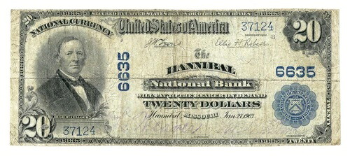 ミズーリ州ハンニバル (MO) $20 ラージ、ブルーシール 1902 ナショナル銀行券 -希少!!-