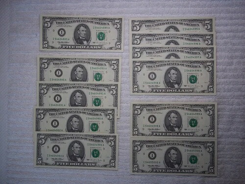 1995年 $5 ミネア・ポリス FRN Fr. 1985年ロールオーバーペア4+6連続11ノート-