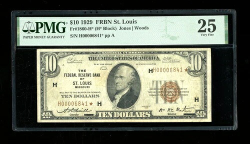 DBR 1929年 $10 FRBN スター セントルイス Fr. 1860年-H * PMG 25 ロー以降 H00006841 *-