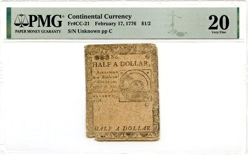 大陸通貨 Fr#CC-21 1776年2月17日 $1/2 PMG VF-20 *Fugio Note*