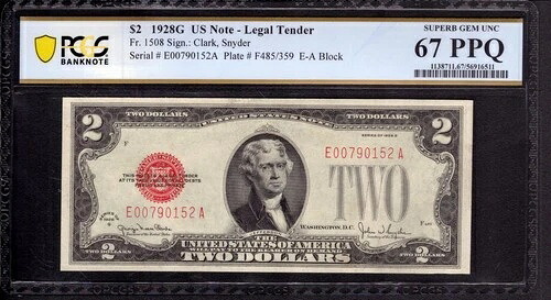 1928 G $2 法定通貨 赤シール紙幣 FR.1508 EA ブロック PCGS B SUPERB GEM 67 PPQ