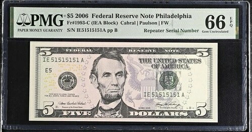 2006 $5 FRN PMG 66 EPQ ? リピーターファンシーシリアル IE515151A ? フィラデルフィア紙幣-