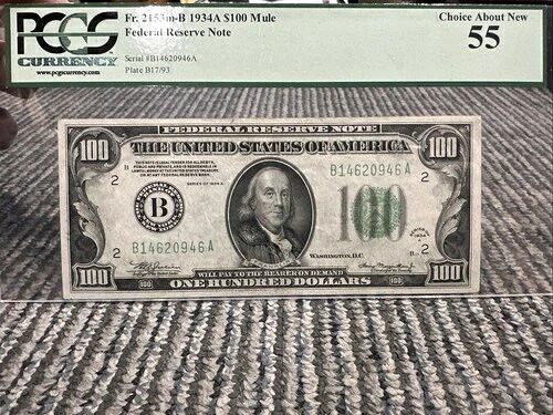 1934A $100 MULE連邦準備銀行券 Fr 2153m-B PCGS 新品55についての選択