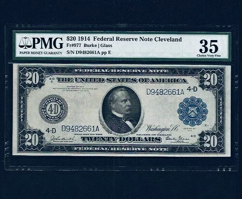 1914年 $20 連邦準備銀行紙幣 クリーブランド Fr#977PMG 選択 VF35-