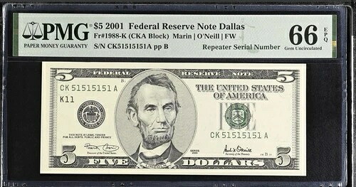 2001年 $5 FRN PMG 66 EPQ ? リピーターファンシー続 CK515151A ? ダラスノート gem-
