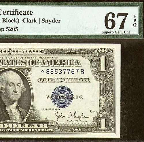 1935年D $1 シルバー証明書pmg 67epq-Narrow Star シリアル番号-Fr 1613n *-