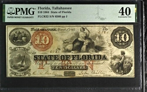 1864 $10 フロリダ州、タラハシー PMG 40
