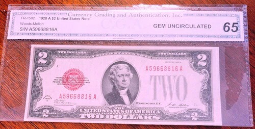 1928年 レッドシール $2 CGA ジェム 未使用 65 FR:1502