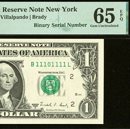 1988年A $1 FRN セブンオブアカインド シリアル PMG 65EPQ ジェム バイナリーシリアル番号 11101111-