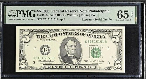 1995 $5 FRN PMG 65 EPQ ? スーパー リピーター シリアル C51515151B ? フィラデルフィア レア!