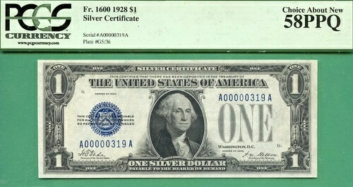 ロースリーデジット シリアル - A 00000319 A - 1928年 $1 SC - Fr 1600 - PCGS AU 58 PPQ-