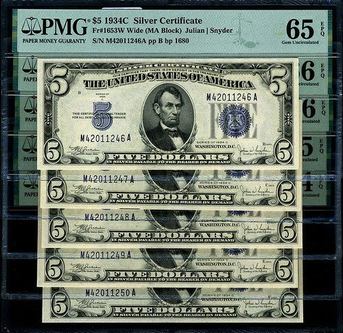 FR. 1653 W $5 1934-C 銀貨証明書 ワイド 5枚 CONSEC ロットチョイス PMG 64-66 EPQ