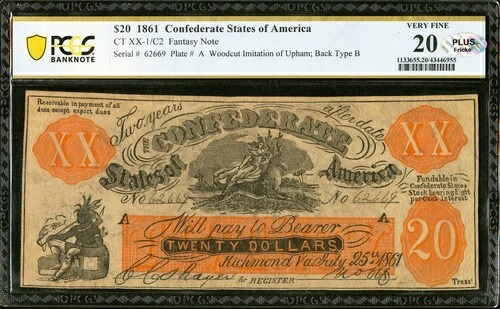 1861年 $20 南軍ファンタジーノート CT-XX-1/C2 PCGS 20 フリッケステッカー- 116,600円