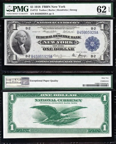 素晴らしいクリスプ未 1918年 $1ニューヨークFRBN紙幣流通! PMG62EPQ！ 送料無料-