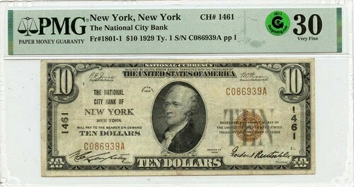 1929 Ty1 ナショナル シティ バンク ニューヨーク NY CH#1461 PMG VF30 GCC グリーン