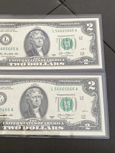 2013年 $2 《バイナリーリピーターノート シリアル番号 #56665666/5》 スーパーUNC 2枚連続！レア！