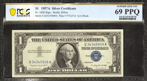 1957年 A $1 銀貨証明書 FR.1620 SMITH DILLON QA ブロック PCGS UNC 69 PPQ (809A
