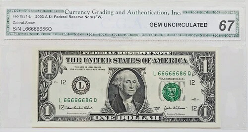 1931年金 L $1 2003年連邦準備銀行券、GEM UNC 67。シリアル：ほぼソリッド 66666666