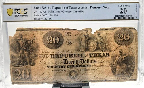 1839年-41年 $20 テキサス州共和国トレジュリー紙幣 CR-TX-A6 PCGS VF20 クロスカット-
