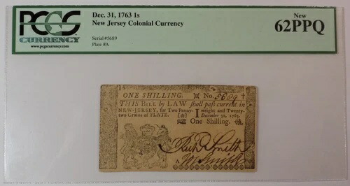 1763年 1 シリングニュージャージー植民地通貨 PCGS通貨 新品 62 PPQ-