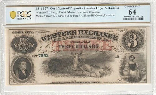 1857年 $3.00 証明書入金 ウエスタン交換銀行-