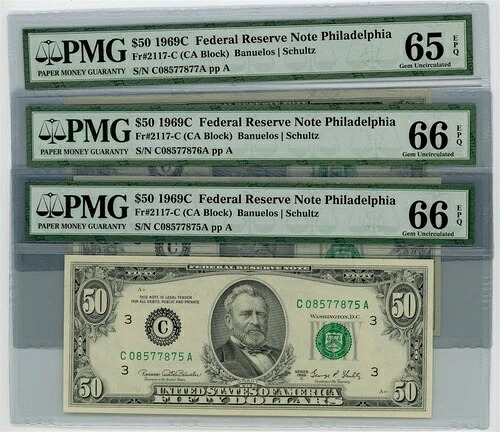 神父様2117-C $50 1969C 連邦準備銀行紙幣 3 連続 #dc-2644 65-66epq PMG-