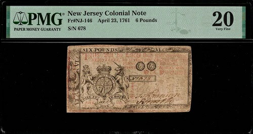 NJ-146 植民地通貨-ニュージャージー 1761年4月23日 6時のPMG 20-