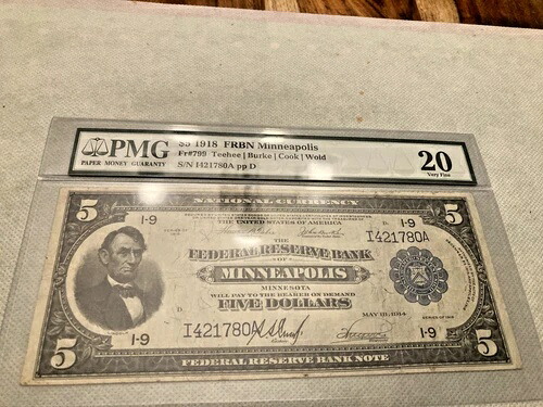 アメリカ 1918年 $5 FRBN ミネアポリス地方紙幣 FR 799 VF-