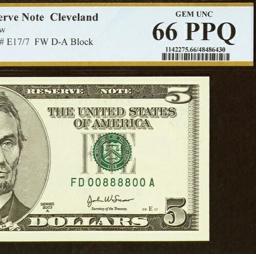 2003A $5 FRN PCGS Gem 66PPQ - ファンシーレーダー シリアル番号 00888800