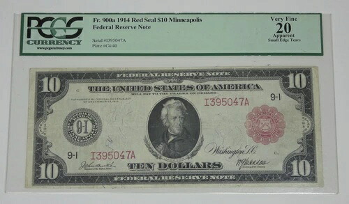 シリーズ1914 大型レッドシール $10 連邦準備金手形 9-I PCGS VF 20 Fr#900a 破れあり