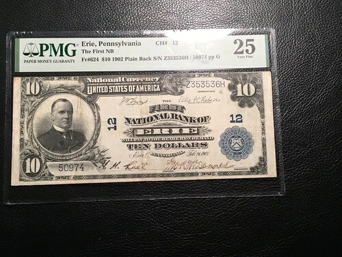 1902 年国立銀行券、エリー、ペンシルバニア州、PMG、非常に良質、25 ロー、チャーター番号。 124,850円