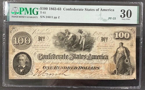 1862-63 T-41 $100 アメリカ連合国、左中央に「T」 PMG 30、VF。