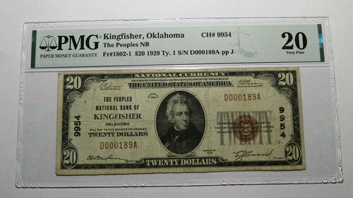 1929年 $20 キングフィッシャー オクラホマ OK 国立通貨銀行紙幣 #9954 VF20 PMG-