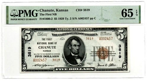 神父様1800-2 Chanute, Kansas 1929 Type 2 $5 紙幣チャーター #3819 PMG gem Unc 65 EPQ-