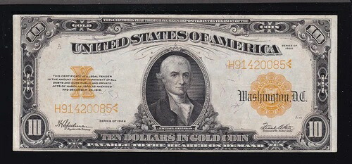 アメリカ 1922年 $10 ゴールド証明書紙幣 FR 1173 VF-XF (085)-
