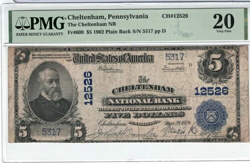 1902年 5ドル PB チェルトナム国立銀行 ペンシルベニア州チェルトナム 5317 - 12526 125,400円