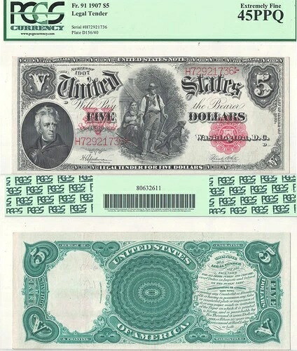 1907年 $5 法定通貨紙幣 Fr-91 PCGS XF-45 PPQ-