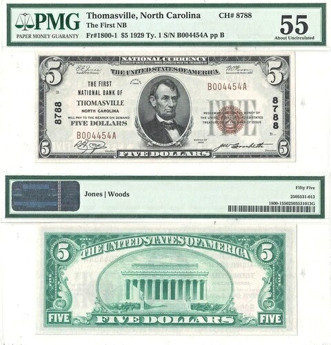 1929 $5 ノースカロライナ州トーマスビル チャーター 8788 PMG AU-55