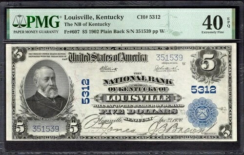 1902 $5 ケンタッキー州ルイビルのNB PMG 40 EPQ Fr.607 CH#5312