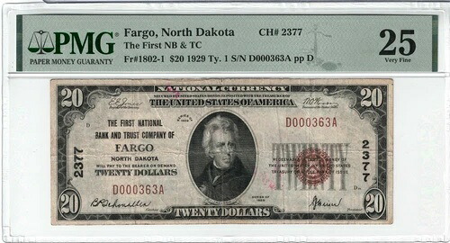 1929年 20ドル ノースダコタ州ファーゴのファースト・ナショナル・バンク・アンド・トラスト・カンパニー - D000363A #2377