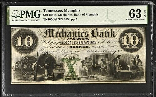 1855年 $10 メカニックメンフィス銀行、TN 廃止-PMG 63 EPQ! ゴージャス！ 希少-