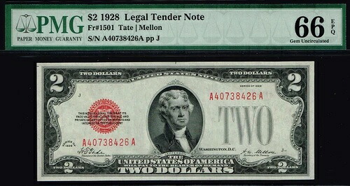 1928年法定通貨2ドル。1501フラン。プレミアム品質紙幣。PMG 66 EPQ