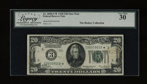 DBR 1928 $20 FRN フィラデルフィア数字 STAR Fr. 2050-C* レガシー 30 シリアル番号 C00059658*