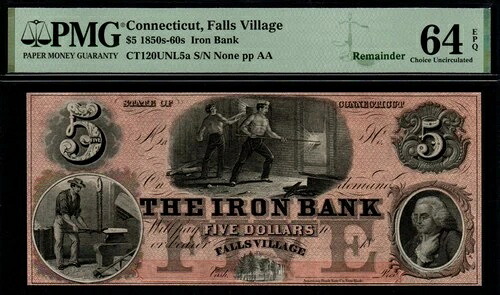 希少な THE IRON BANK、コネチカット州フォールズビレッジ、18xx 年発行の 5 ドル認定破損紙幣!