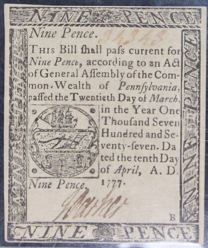 1777 VCN64 ペンシルベニア植民地紙幣 9ペンス、PCGS、SN 34343（レーダーSN） 127,050円