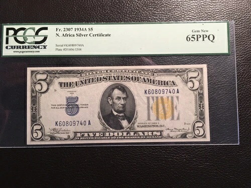 5.00 1934-A 北アフリカ紙幣 PCGS 65 EPQ ジェム 新品