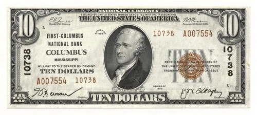 コロンバス、ミシシッピ州（MS）10ドル国立銀行券、1929年、Ty 2、Ch 10738 255,200円