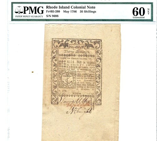 ロードアイランド植民地紙幣 1786年5月 30シリング RI-299 PMG 60 未使用