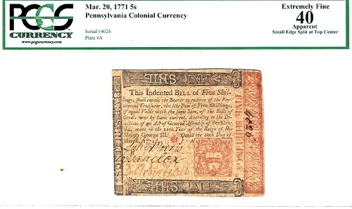 ペンシルベニア植民地通貨 1771年3月20日 5シリング PA-146 PCGS 40 EF 127,600円